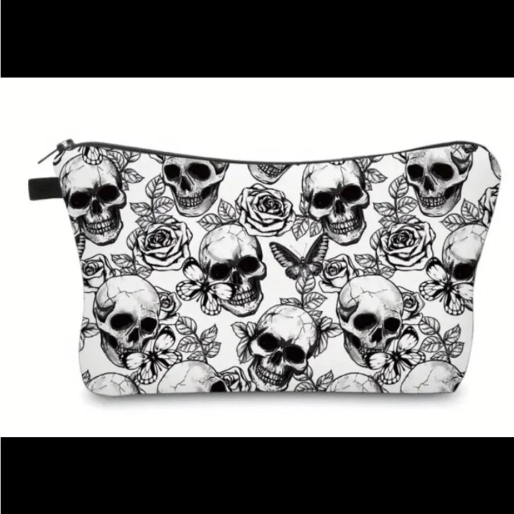 New! Printed Skull Butterfly Rose Pattern Cosmetic Bag, Waterproof Makeup Bag
